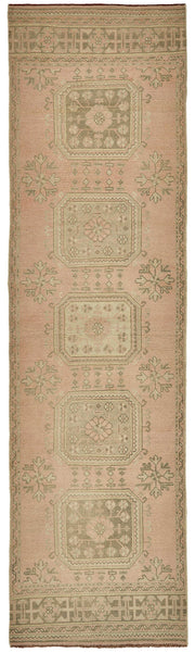 Kovena Pembe Bej Geometrik Desenli Etnik El Dokuma Yolluk 94x337 cm