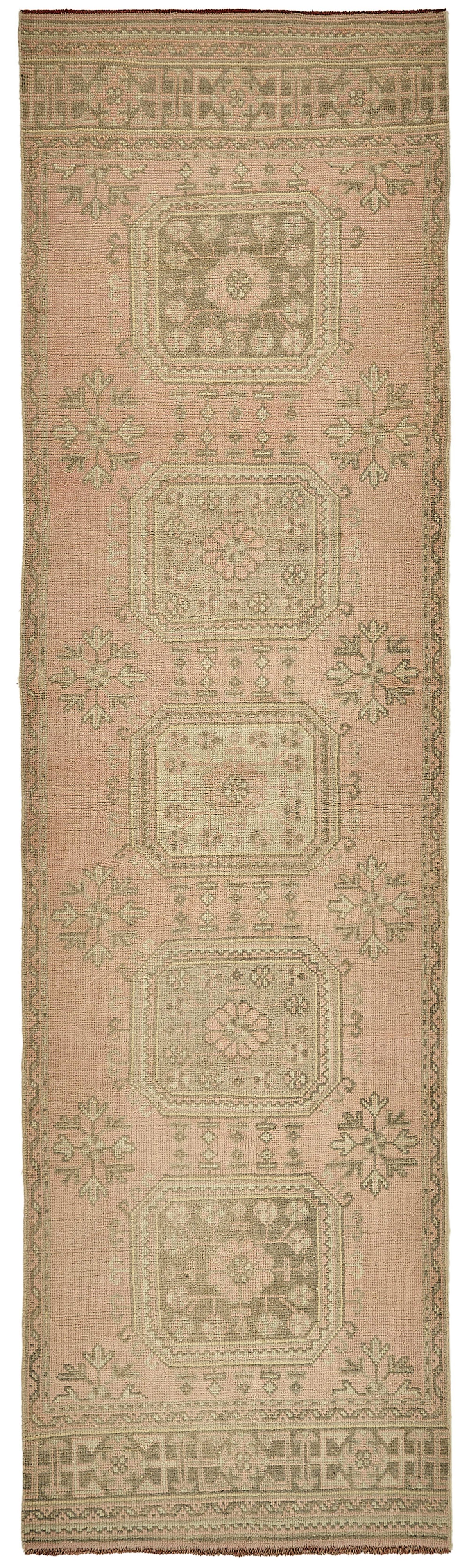 Kovena Pembe Bej Geometrik Desenli Etnik El Dokuma Yolluk 94x337 cm