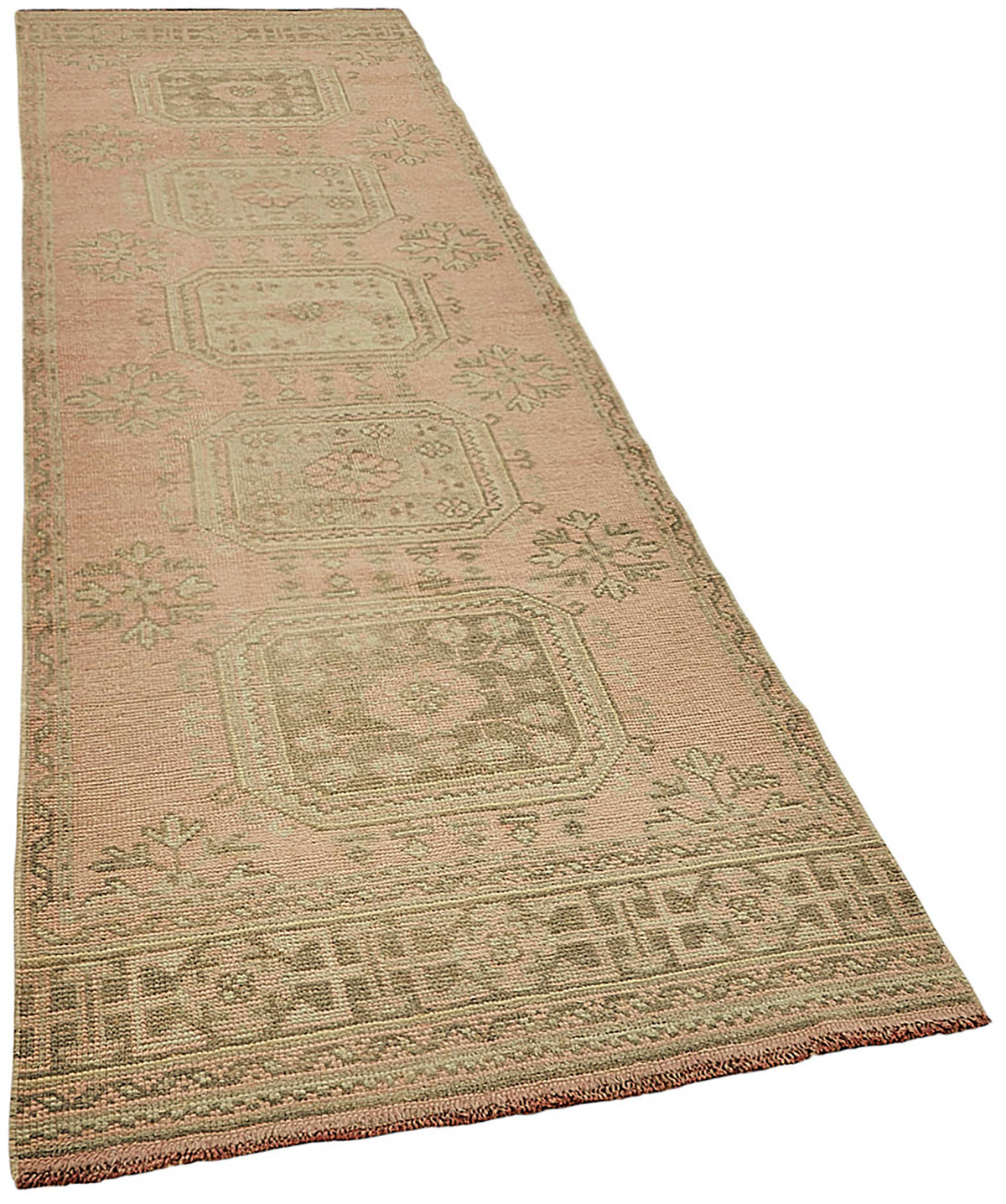 Kovena Pembe Bej Geometrik Desenli Etnik El Dokuma Yolluk 94x337 cm – genel görünüm