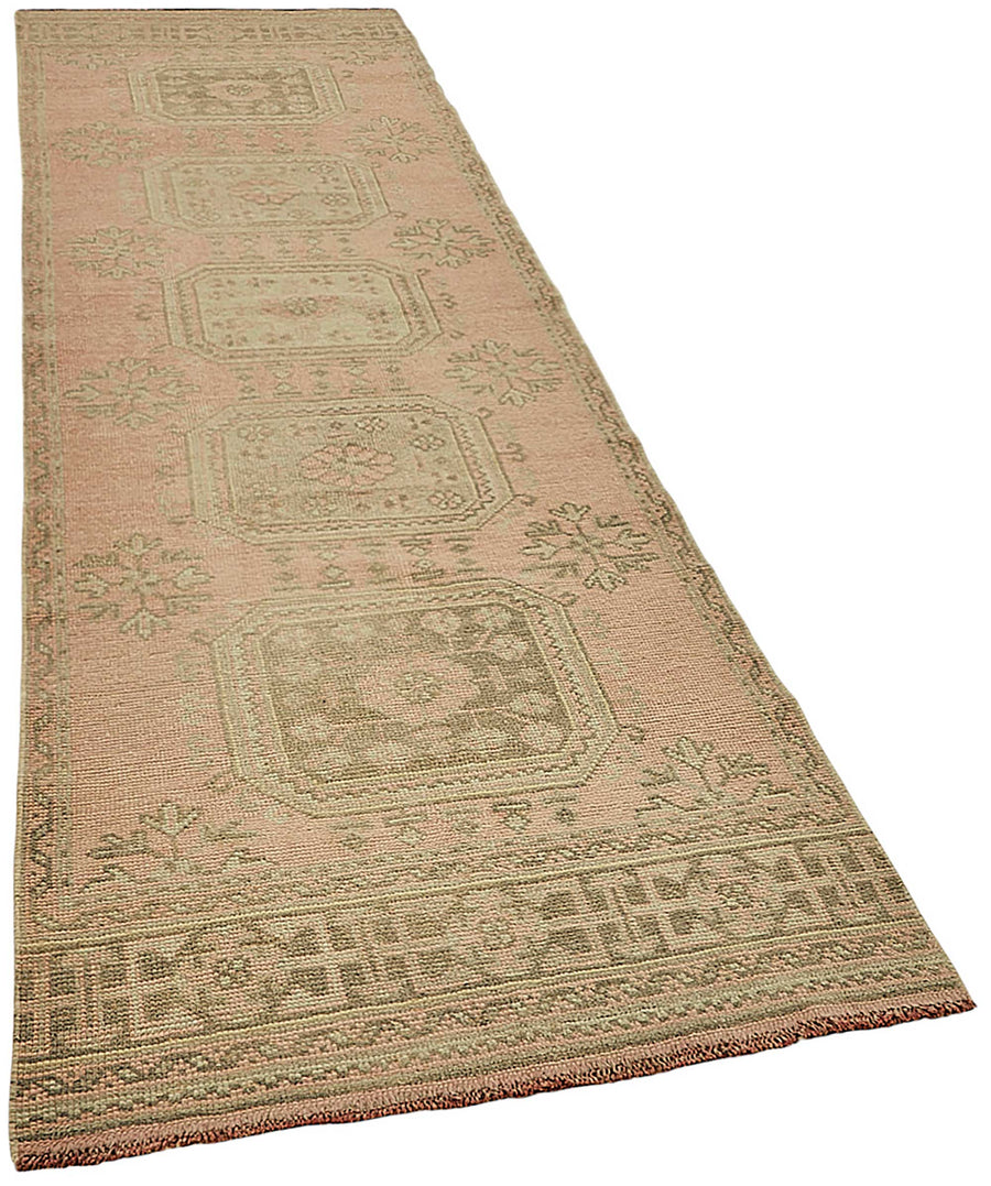 Kovena Pembe Bej Geometrik Desenli Etnik El Dokuma Yolluk 94x337 cm – genel görünüm