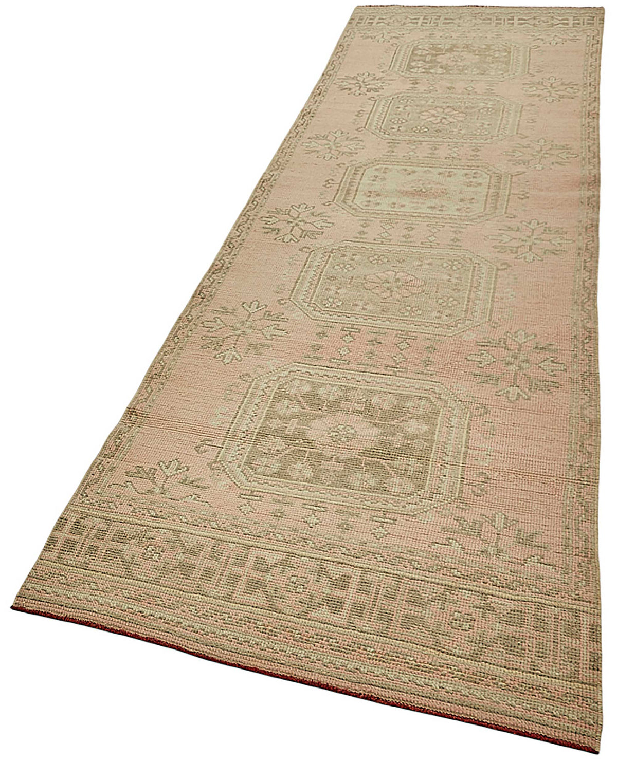 Kovena Pembe Bej Geometrik Desenli Etnik El Dokuma Yolluk 94x337 cm – doku yakın çekim