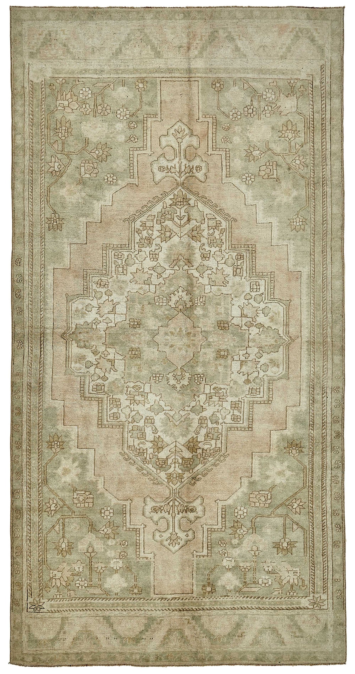 Kavale Madalyon Desenli Bej Eskitme Vintage Halı 156x315 cm