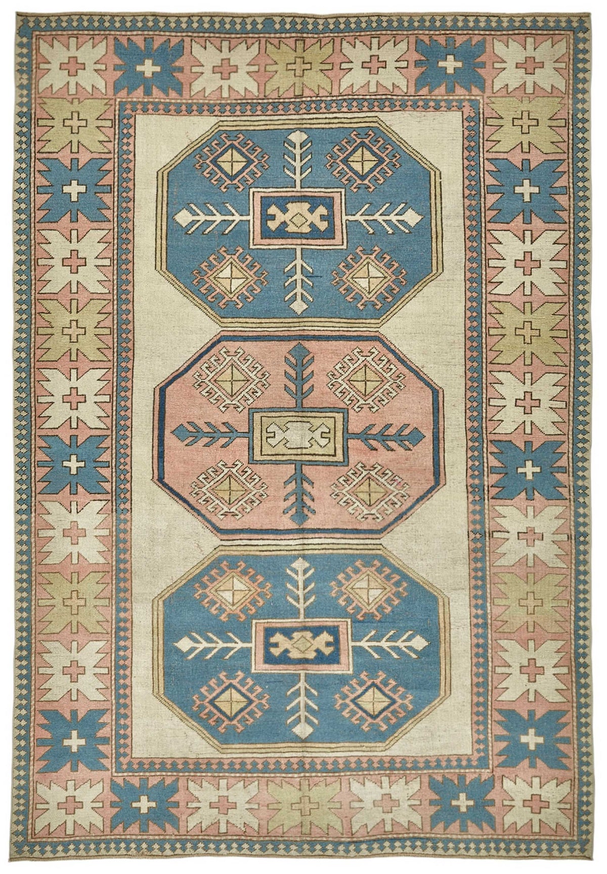 Kavale Bej Mavi Halı Geometrik Madalyon Desenli 30-50 Yıllık 208x305 cm