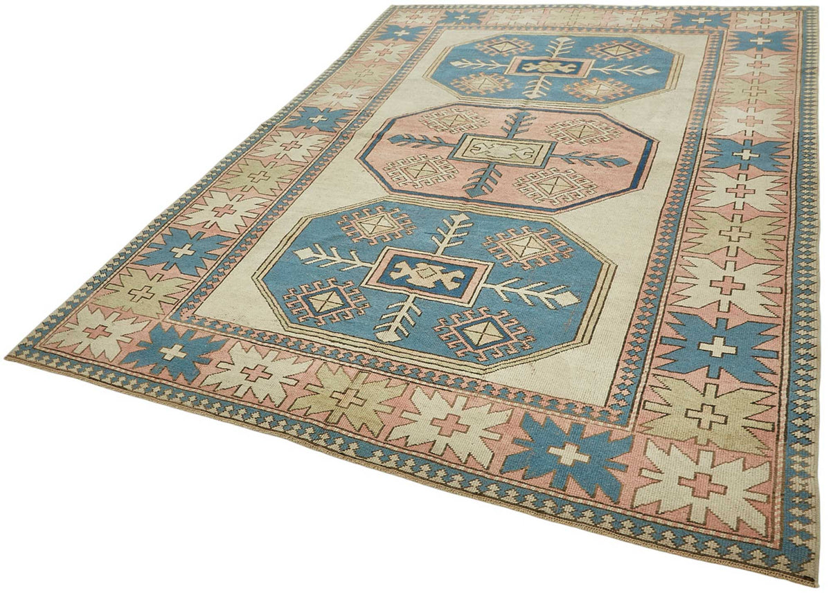 Kavale Bej Mavi Halı Geometrik Madalyon Desenli 30-50 Yıllık 208x305 cm – doku yakın çekim