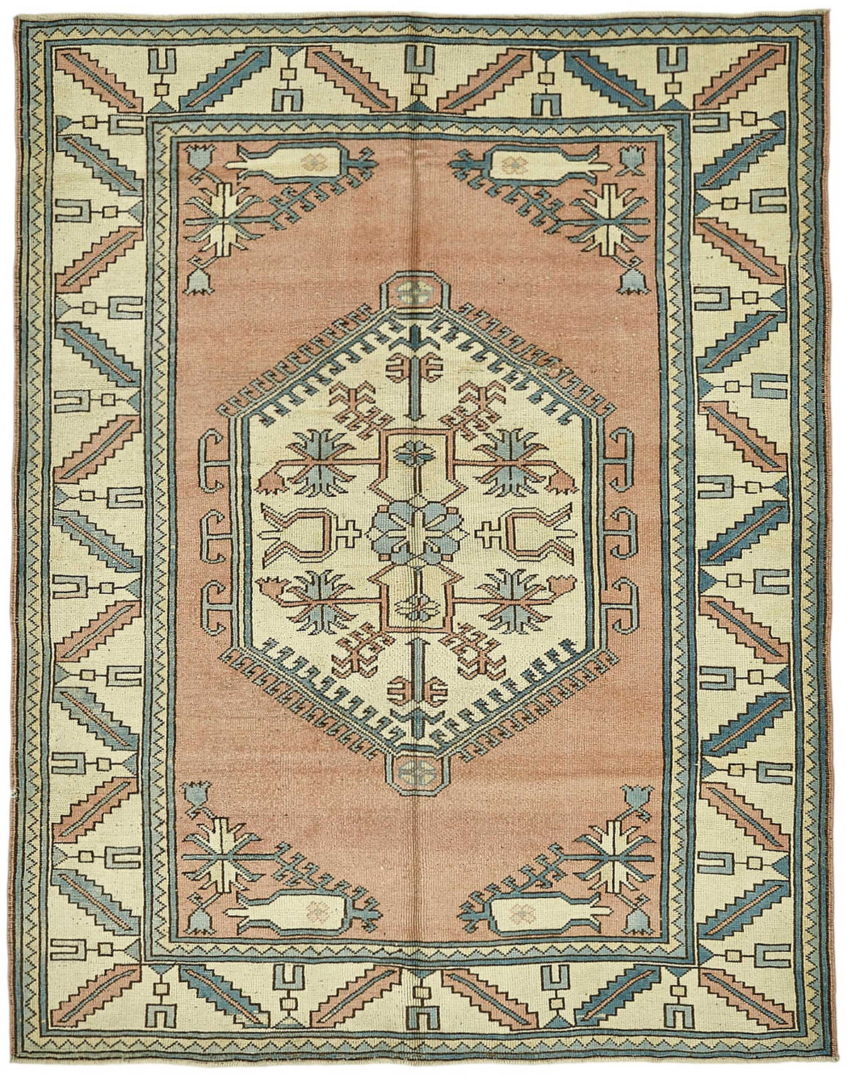 Kavale Açık Pembe Bej Geometrik Desenli Etnik Pamuk Yün El Dokuma Halı 193x244 cm