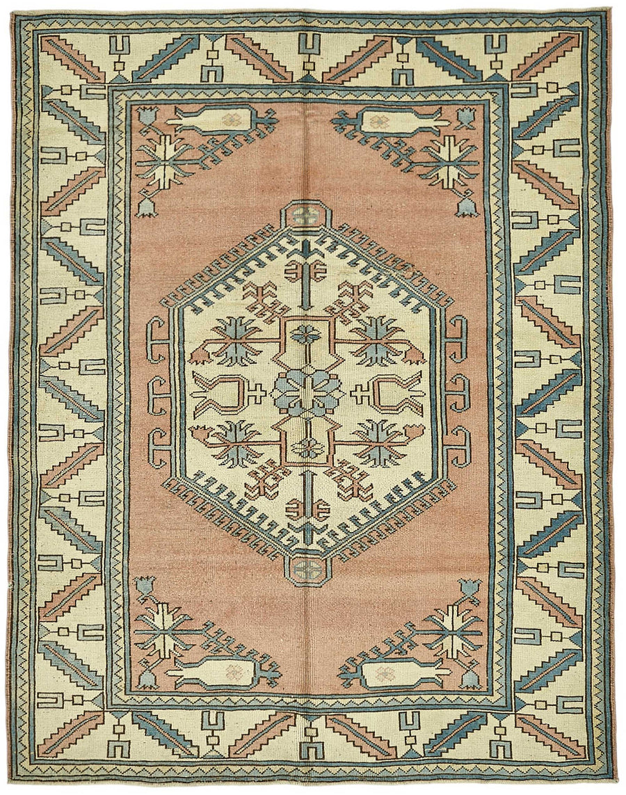 Kavale Açık Pembe Bej Geometrik Desenli Etnik Pamuk Yün El Dokuma Halı 193x244 cm