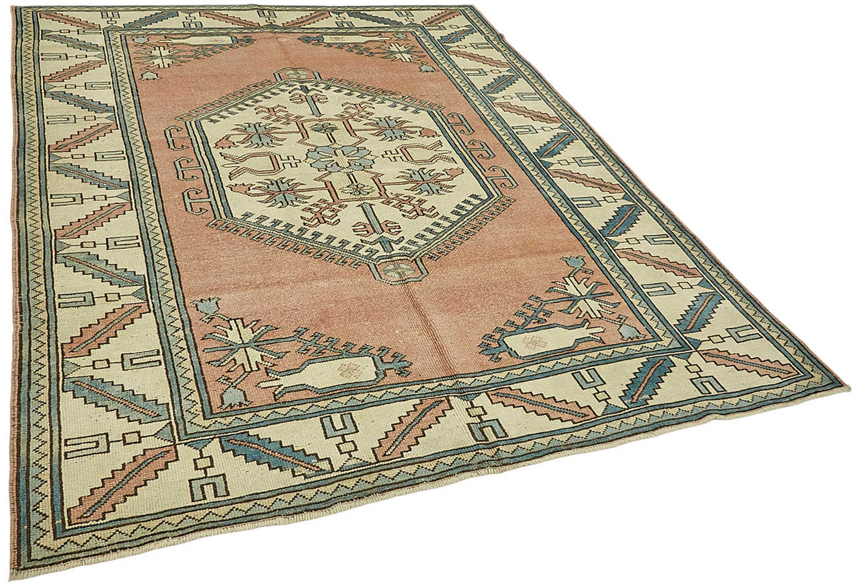 Kavale Açık Pembe Bej Geometrik Desenli Etnik Pamuk Yün El Dokuma Halı 193x244 cm – genel görünüm