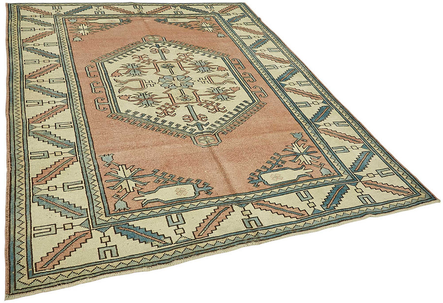 Kavale Açık Pembe Bej Geometrik Desenli Etnik Pamuk Yün El Dokuma Halı 193x244 cm – genel görünüm