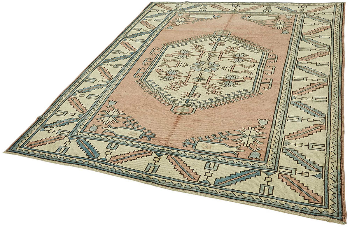 Kavale Açık Pembe Bej Geometrik Desenli Etnik Pamuk Yün El Dokuma Halı 193x244 cm – doku yakın çekim