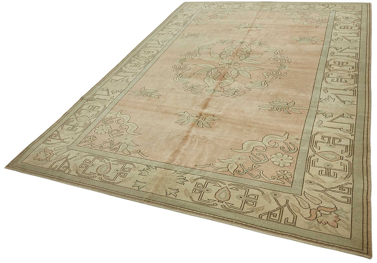 Kavale Madalyon Desenli Pembe Bej Vintage El Dokuma Halı 218x320 cm – doku yakın çekim