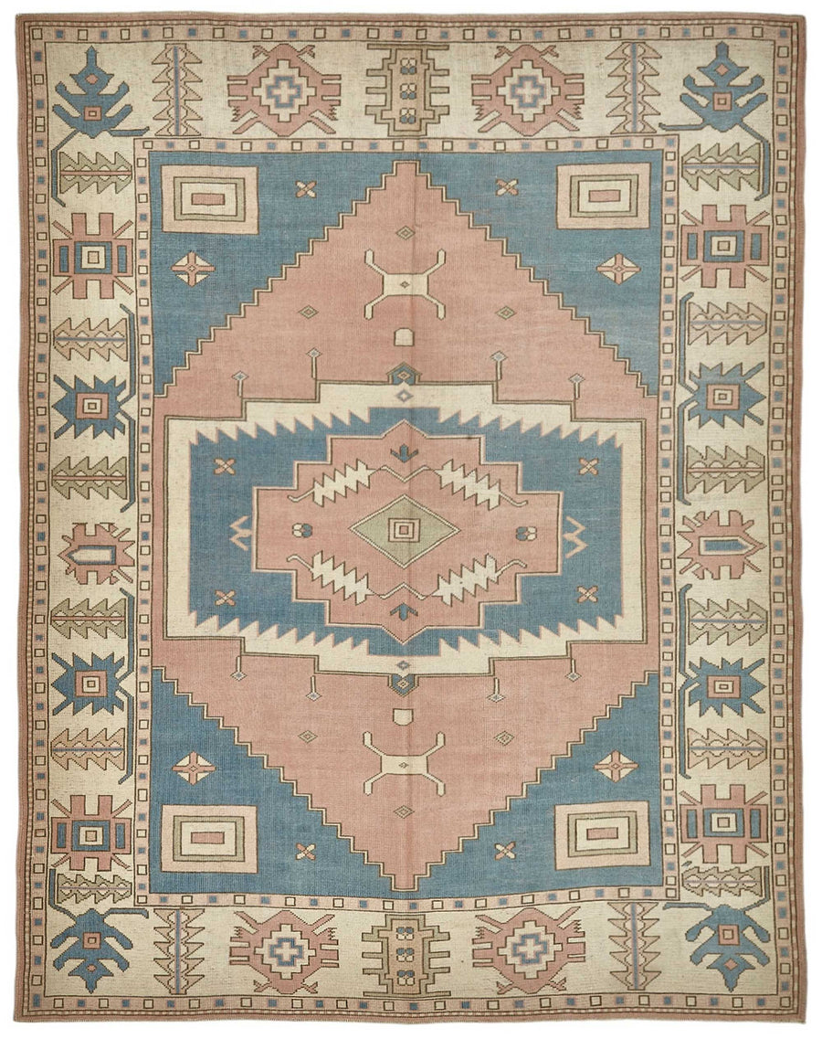 Kavale Pembe Mavi Madalyon Desenli Geometrik El Dokuma Halı 228x291 cm