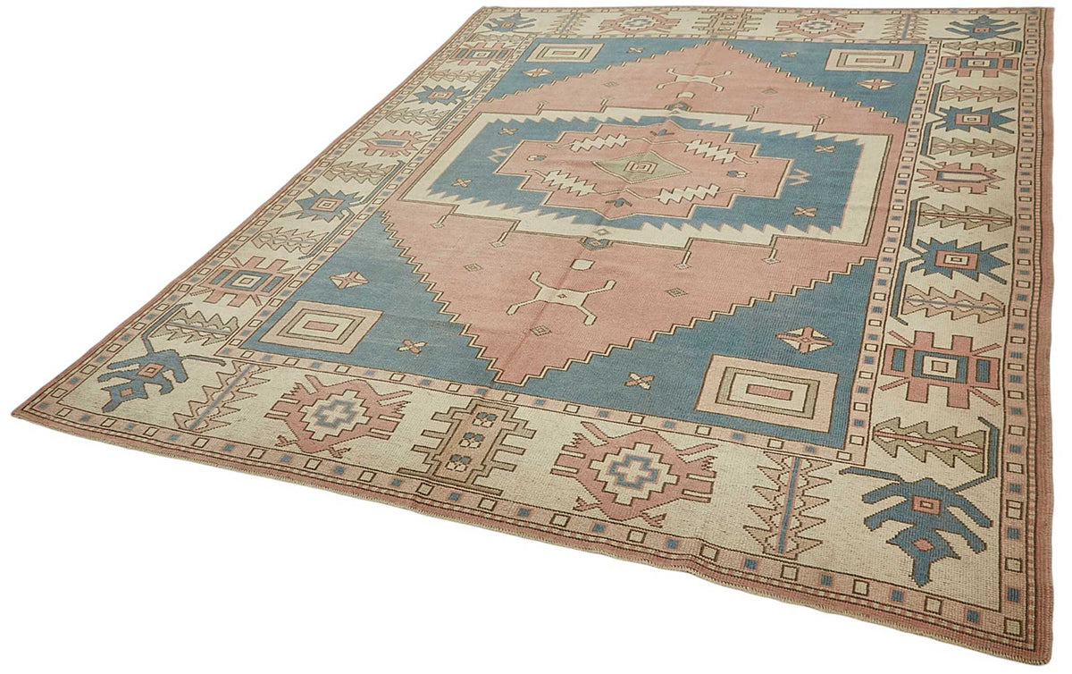 Kavale Pembe Mavi Madalyon Desenli Geometrik El Dokuma Halı 228x291 cm – doku yakın çekim