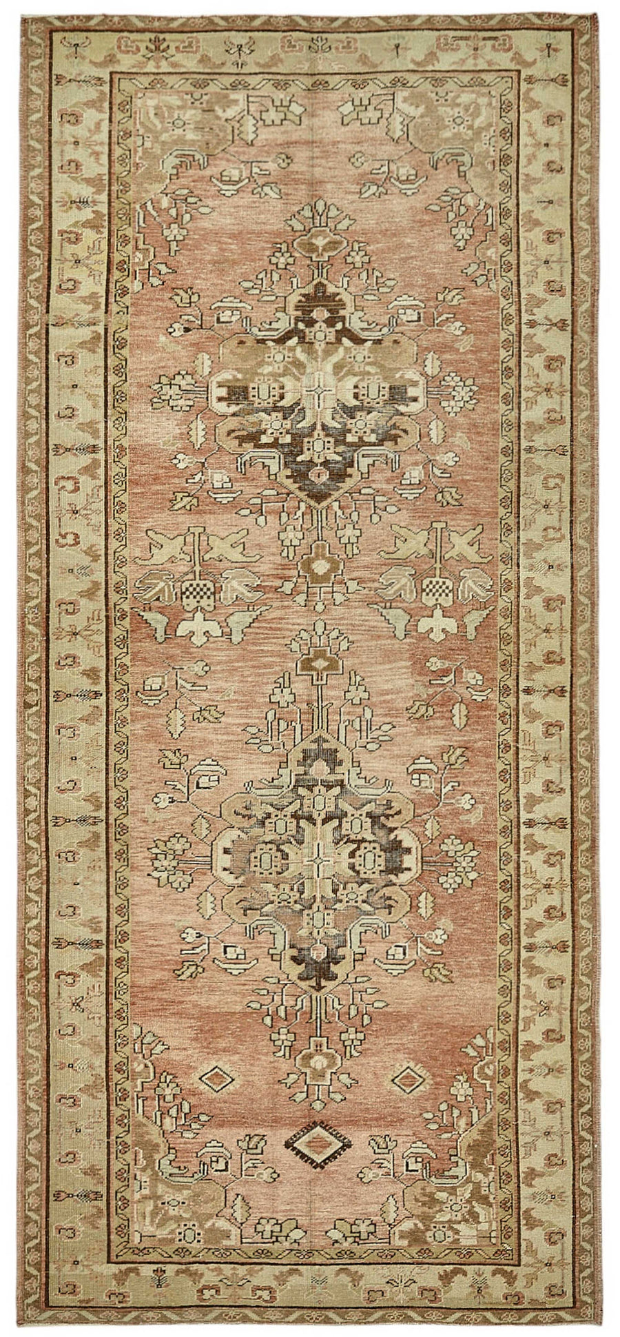 Kavale Pembe ve Bej Madalyon Desenli Yün El Dokuma Halı 150x334 cm