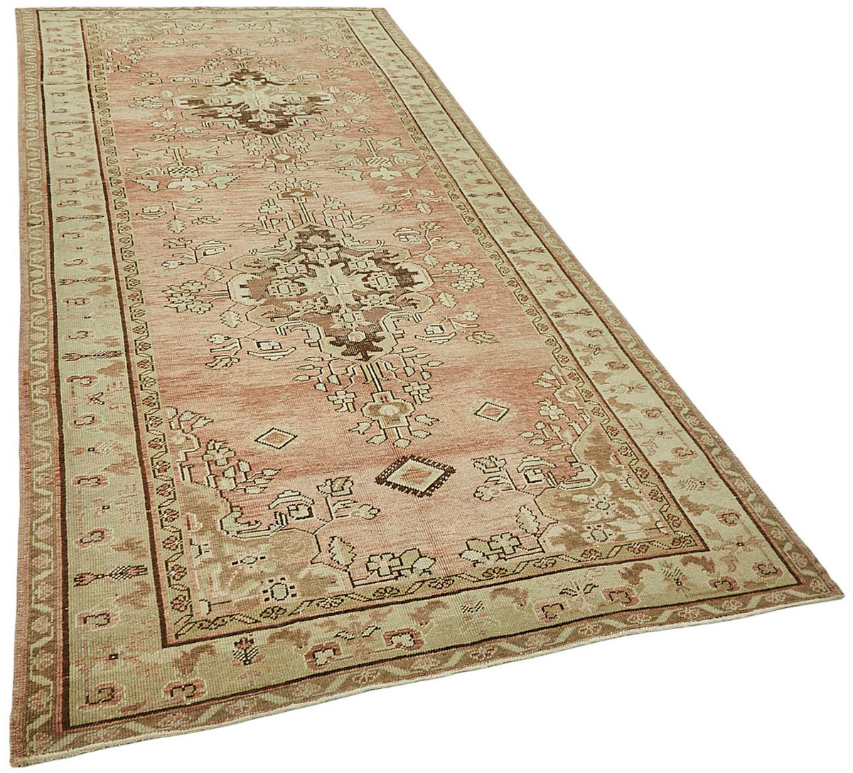 Kavale Pembe ve Bej Madalyon Desenli Yün El Dokuma Halı 150x334 cm – genel görünüm