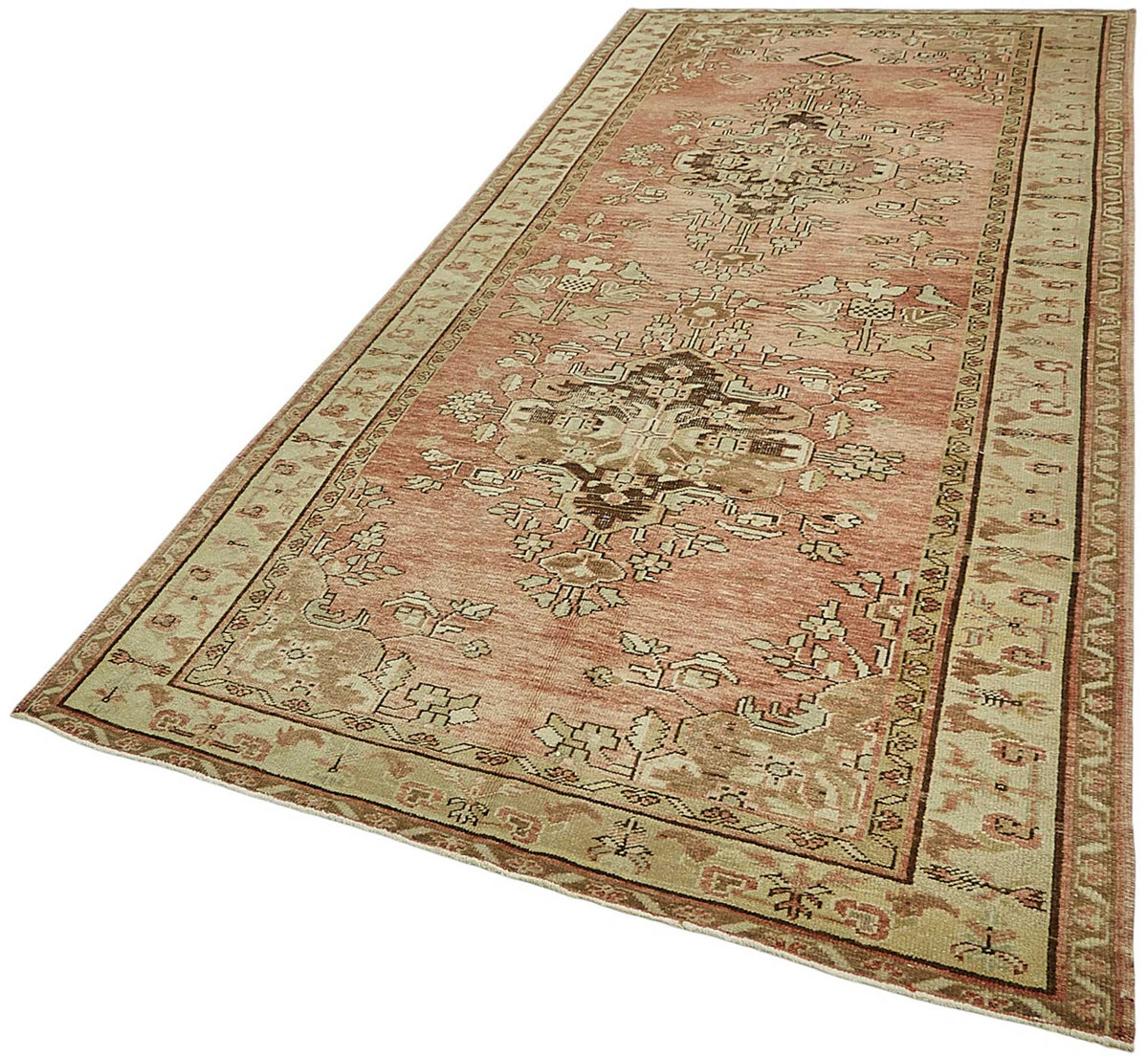 Kavale Pembe ve Bej Madalyon Desenli Yün El Dokuma Halı 150x334 cm – doku yakın çekim