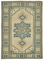 Kavale Bej ve Mavi Madalyon Desenli Yün Vintage Halı 172x235 cm