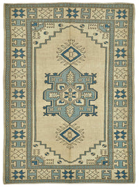 Kavale Bej ve Mavi Madalyon Desenli Yün Vintage Halı 172x235 cm