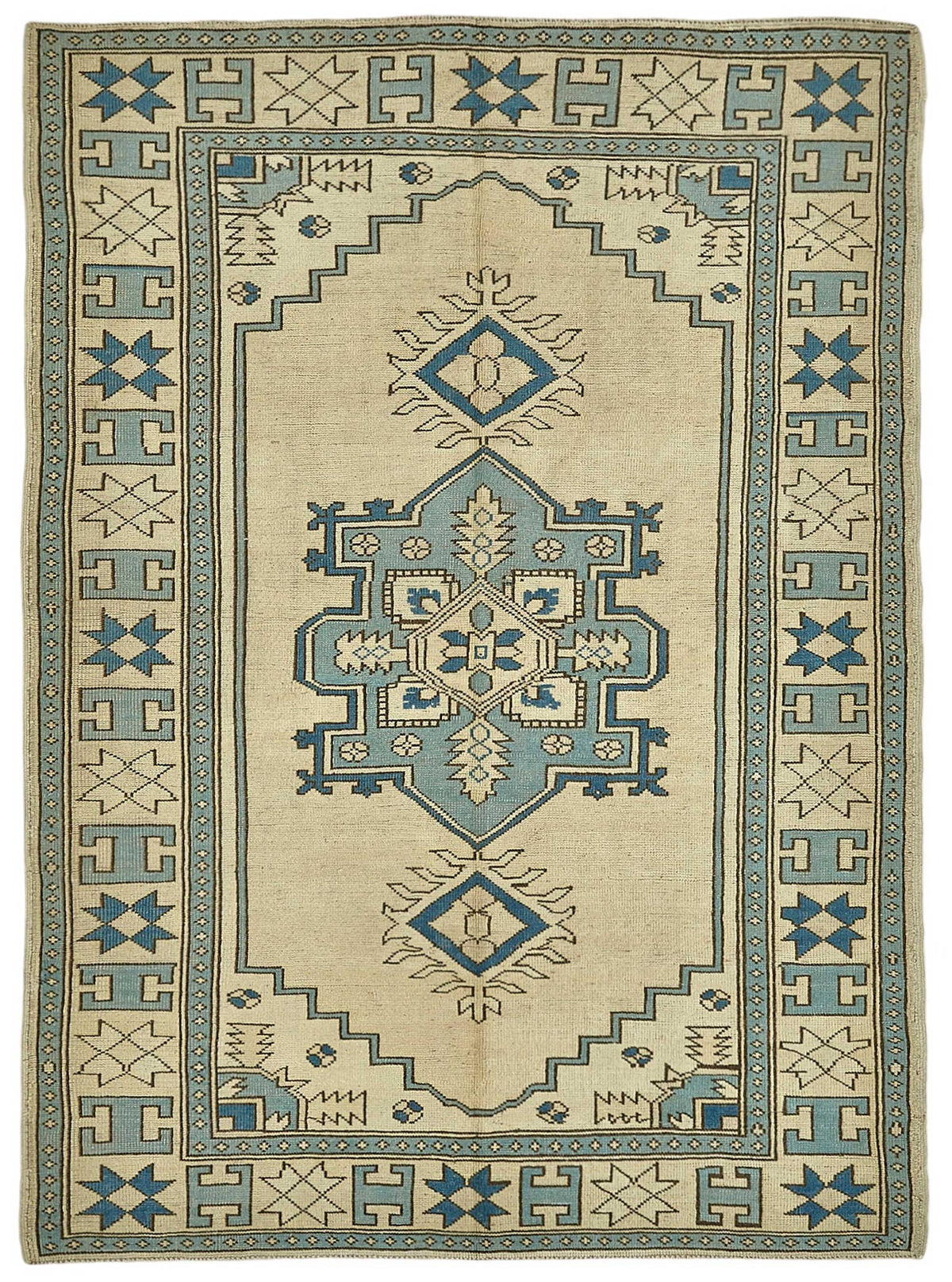 Kavale Bej ve Mavi Madalyon Desenli Yün Vintage Halı 172x235 cm