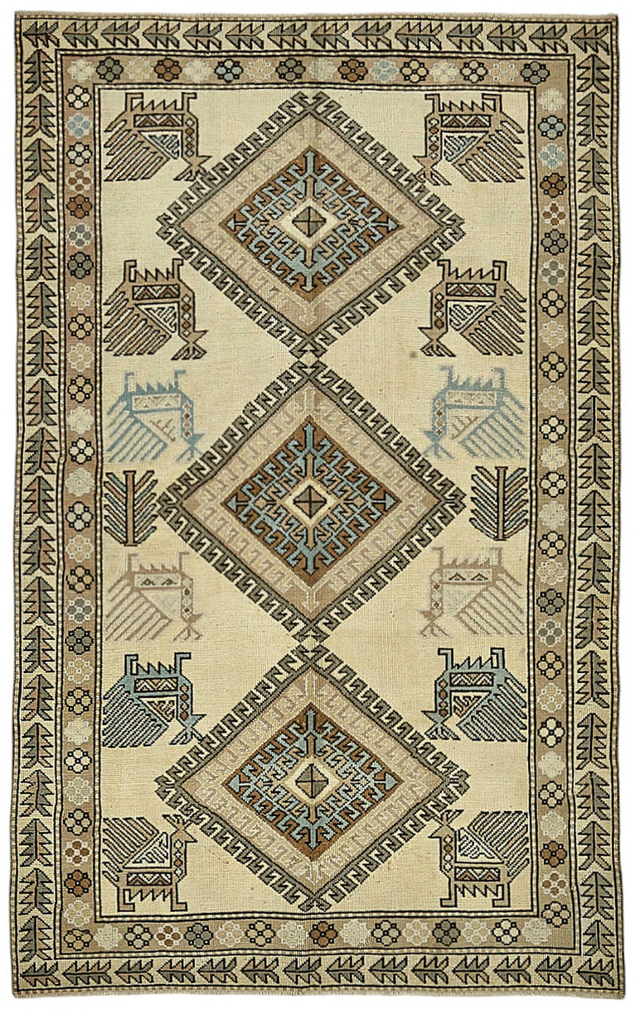 Kavale Bej Kahverengi Geometrik Etnik El Dokuma Vintage Halı 154x247 cm