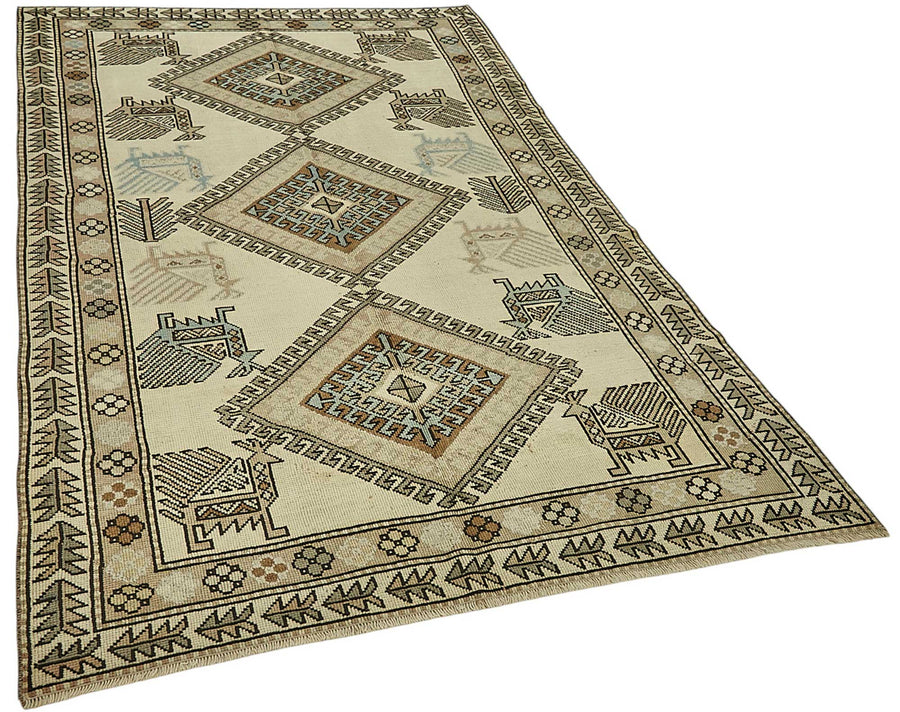 Kavale Bej Kahverengi Geometrik Etnik El Dokuma Vintage Halı 154x247 cm – genel görünüm