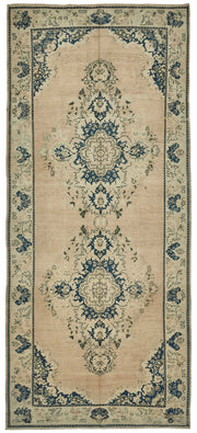 Kavale El Dokuma Bej Lacivert Madalyonlu Halı 165x377 cm 50013