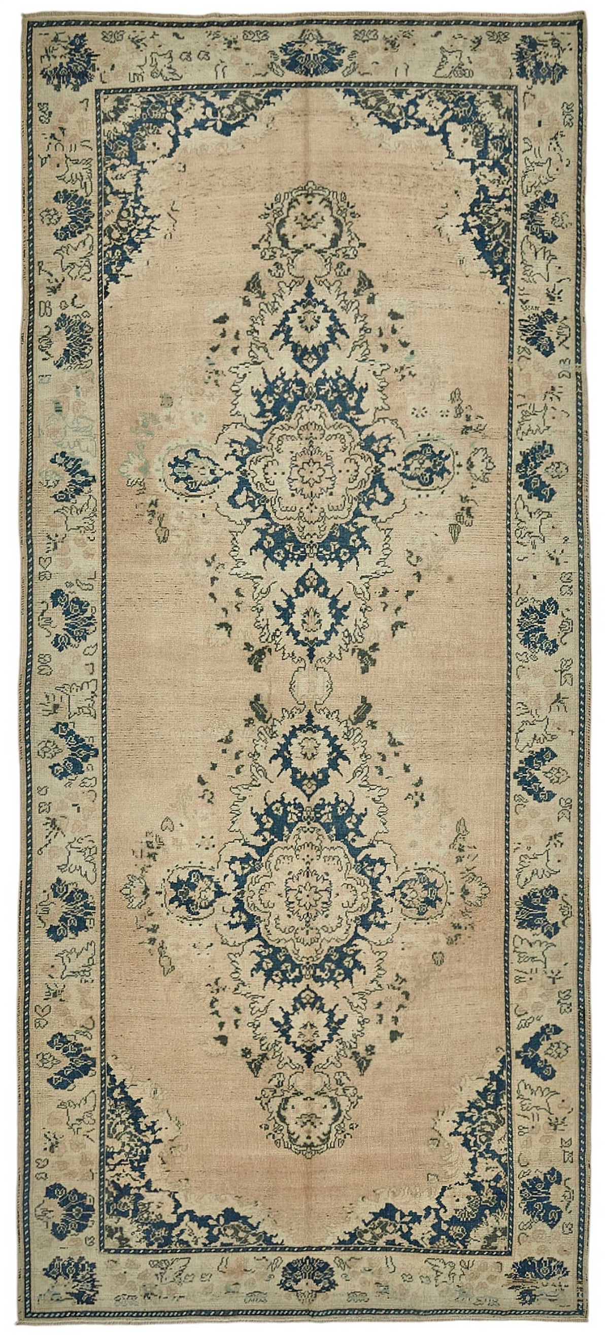 Kavale El Dokuma Bej Lacivert Madalyonlu Halı 165x377 cm 50013