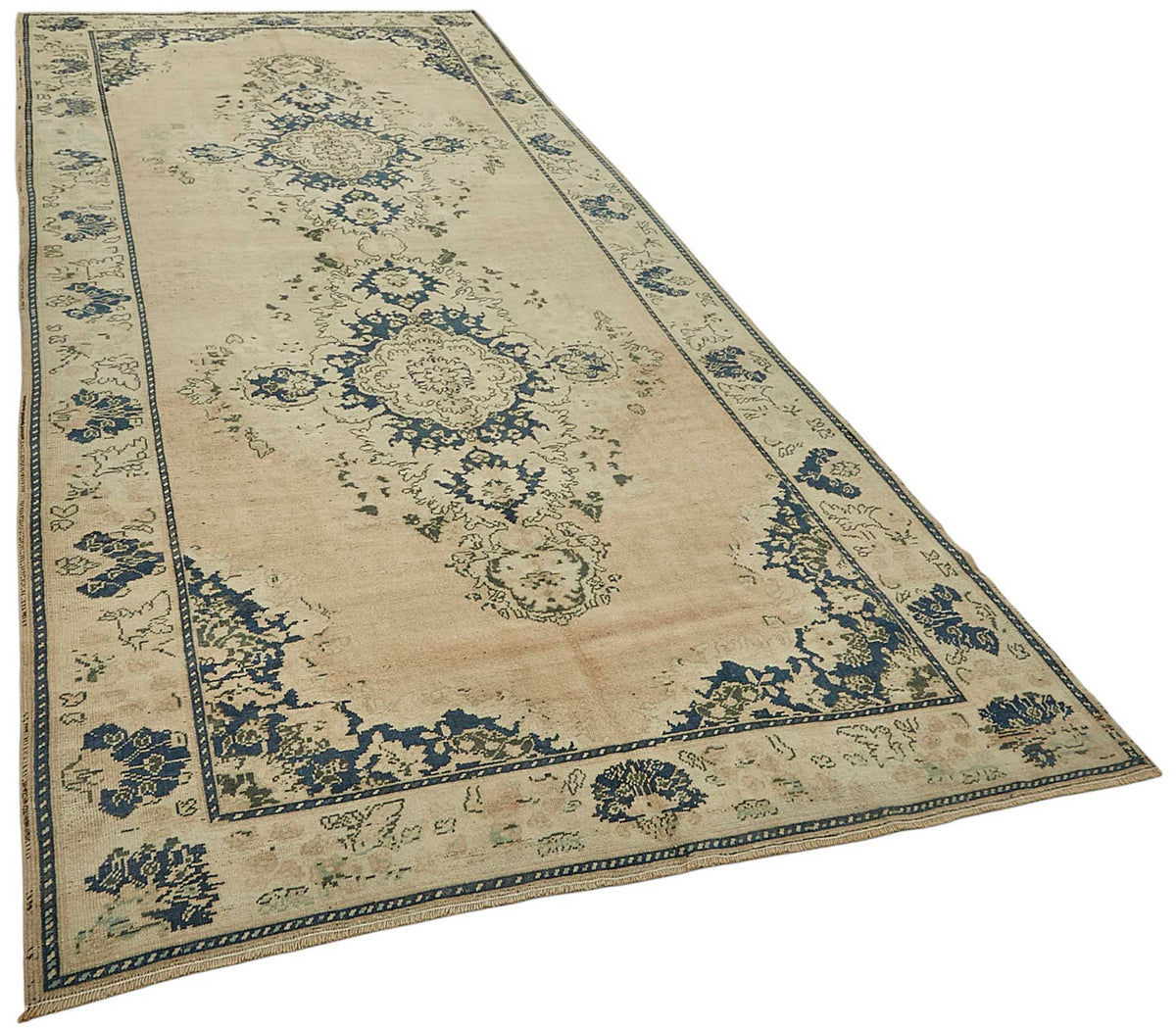 Kavale El Dokuma Bej Lacivert Madalyonlu Halı 165x377 cm 50013 – genel görünüm