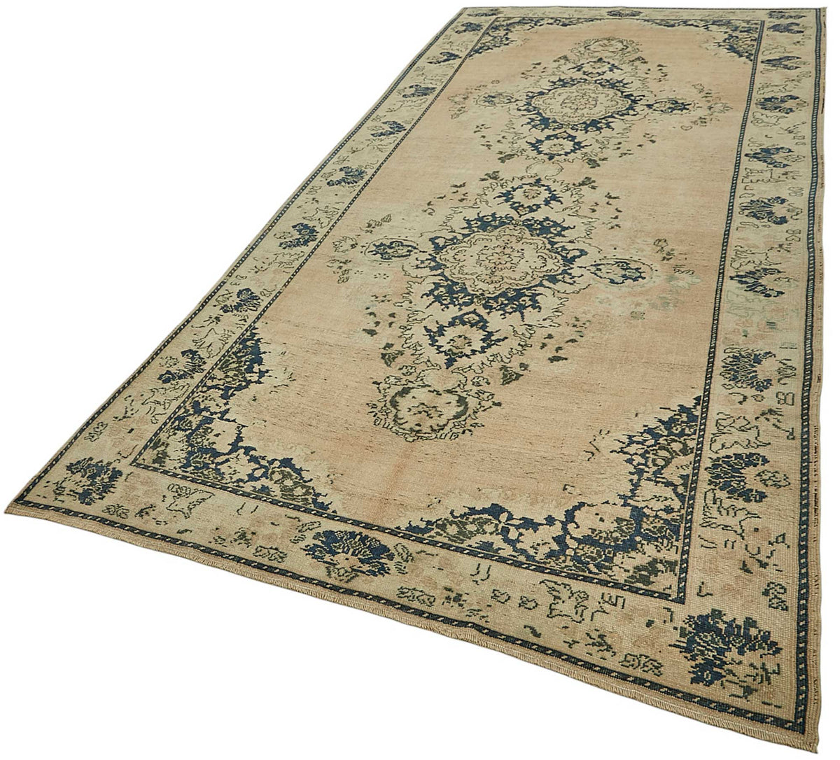 Kavale El Dokuma Bej Lacivert Madalyonlu Halı 165x377 cm 50013 – doku yakın çekim