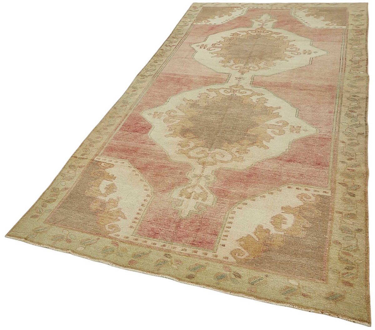 Kavale Düz Pembe Halı Klasik Madalyon Desenli Vintage 149x316 cm – doku yakın çekim
