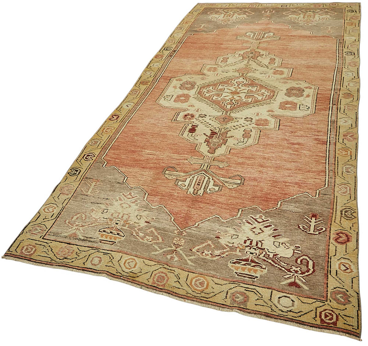Kavale Turuncu Gri Geometrik Desenli Yün El Dokuma Halı 150x338 cm – doku yakın çekim