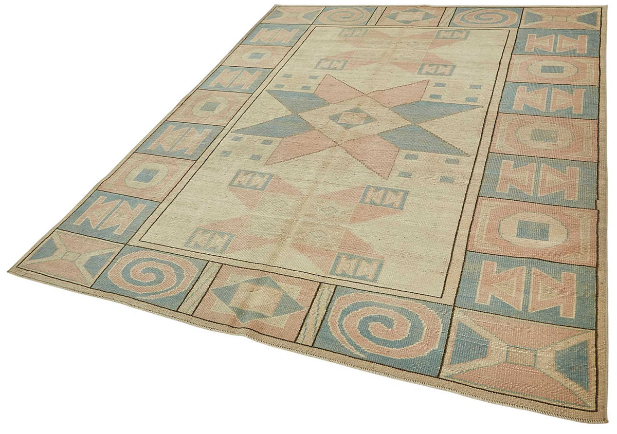 Kavale Anadolu Bej Mavi Madalyon Desenli El Dokuma Halı 187x244 cm – doku yakın çekim