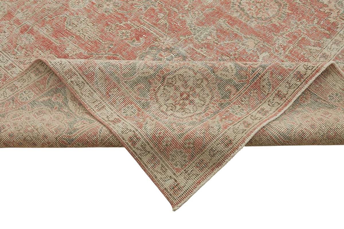 Rusvo Madalyon Desenli Pembe Vintage El Dokuma Halı 276x390 cm – kenar detayı