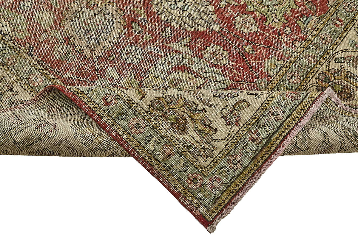 Rusvo Kırmızı Bej Çiçek Desenli Vintage El Dokuma Halı 308x396 cm – kenar detayı