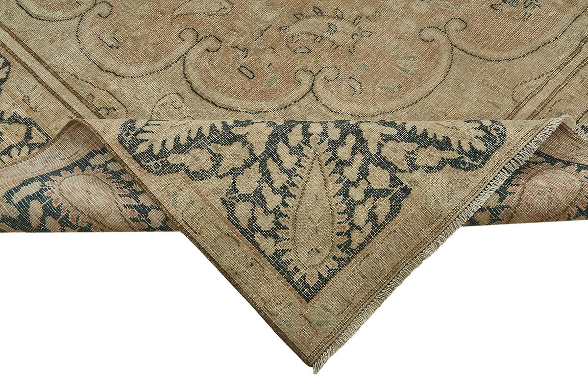 Rusvo Bej Lacivert Madalyon Desenli Vintage El Dokuma Halı 293x384 cm – kenar detayı
