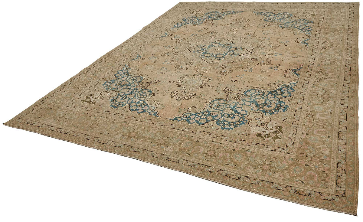 Rusvo Vintage Bej ve Mavi Madalyon Desenli El Dokuma Halı 287x373 cm – doku yakın çekim