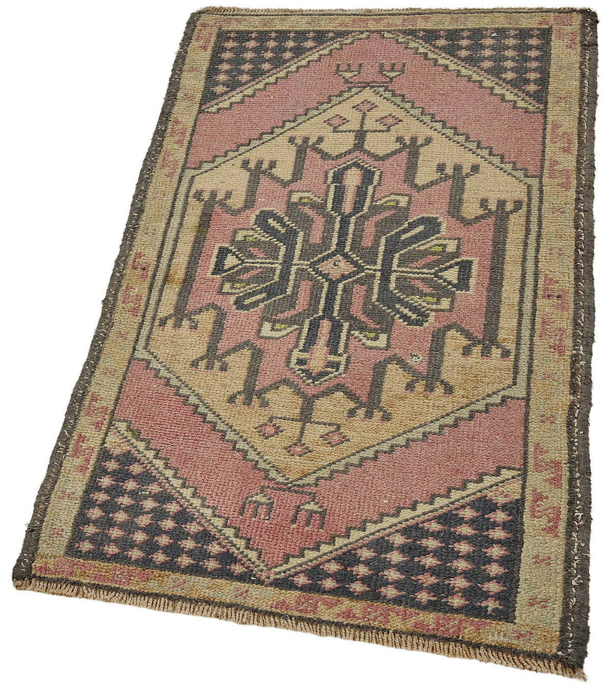 Vayla Pembe Bej Geometrik Desenli Etnik El Dokuma Halı 51x87 cm – doku yakın çekim