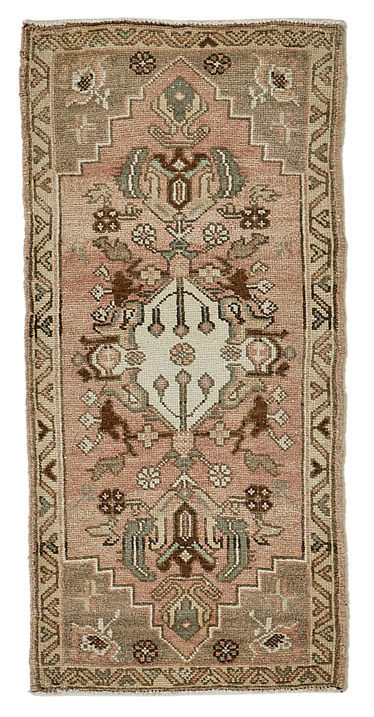 Vayla Pembe Gri Madalyon Desenli Pamuk Yün El Dokuma Halı 48x101 cm