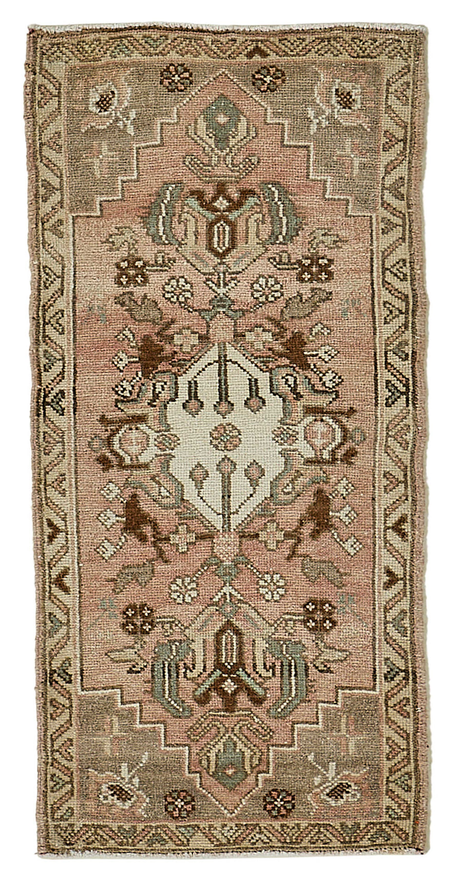 Vayla Pembe Gri Madalyon Desenli Pamuk Yün El Dokuma Halı 48x101 cm