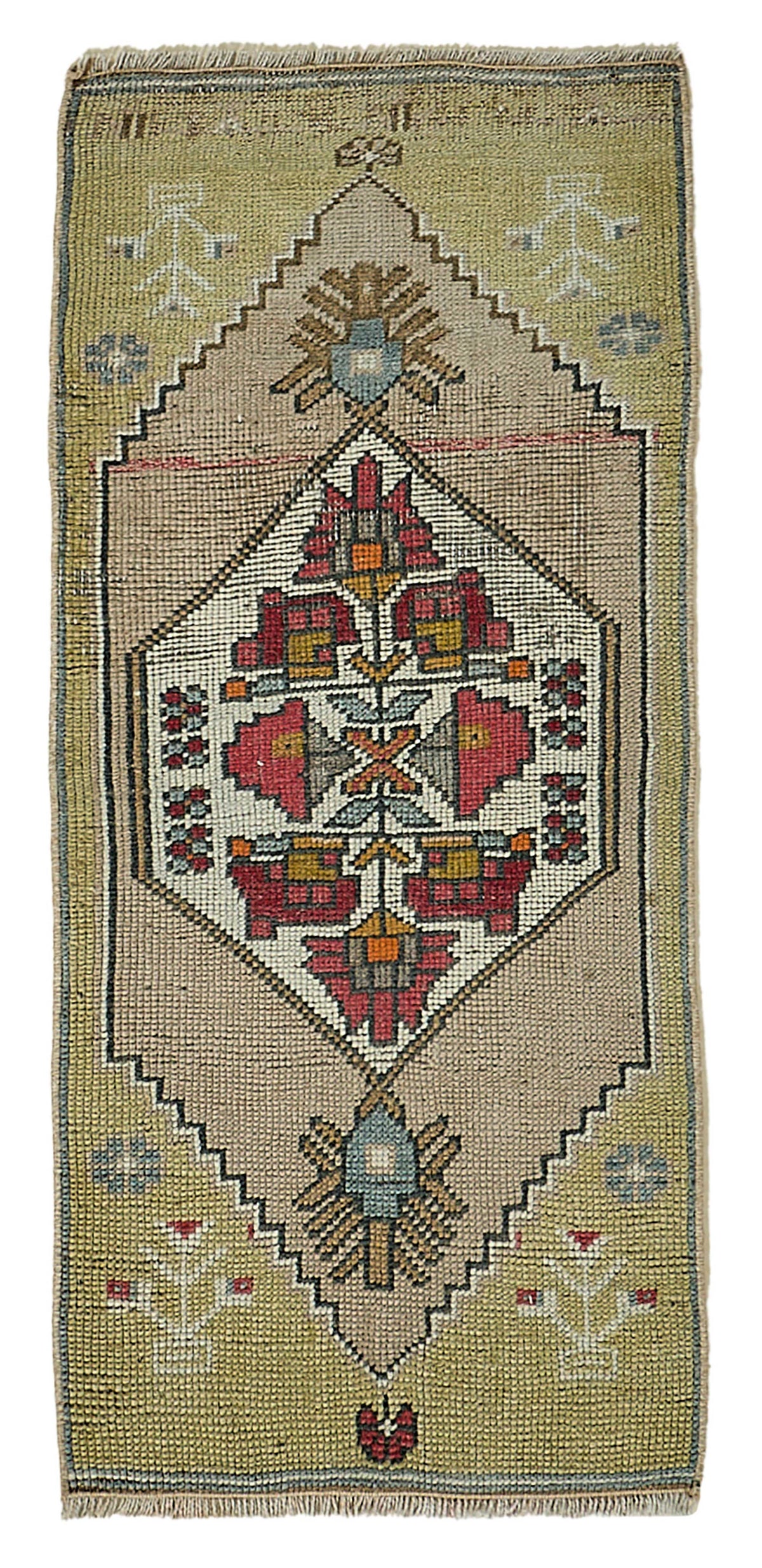 Vayla Yeşil Bej Geometrik Desenli Etnik El Dokuma Halı 46x100 cm
