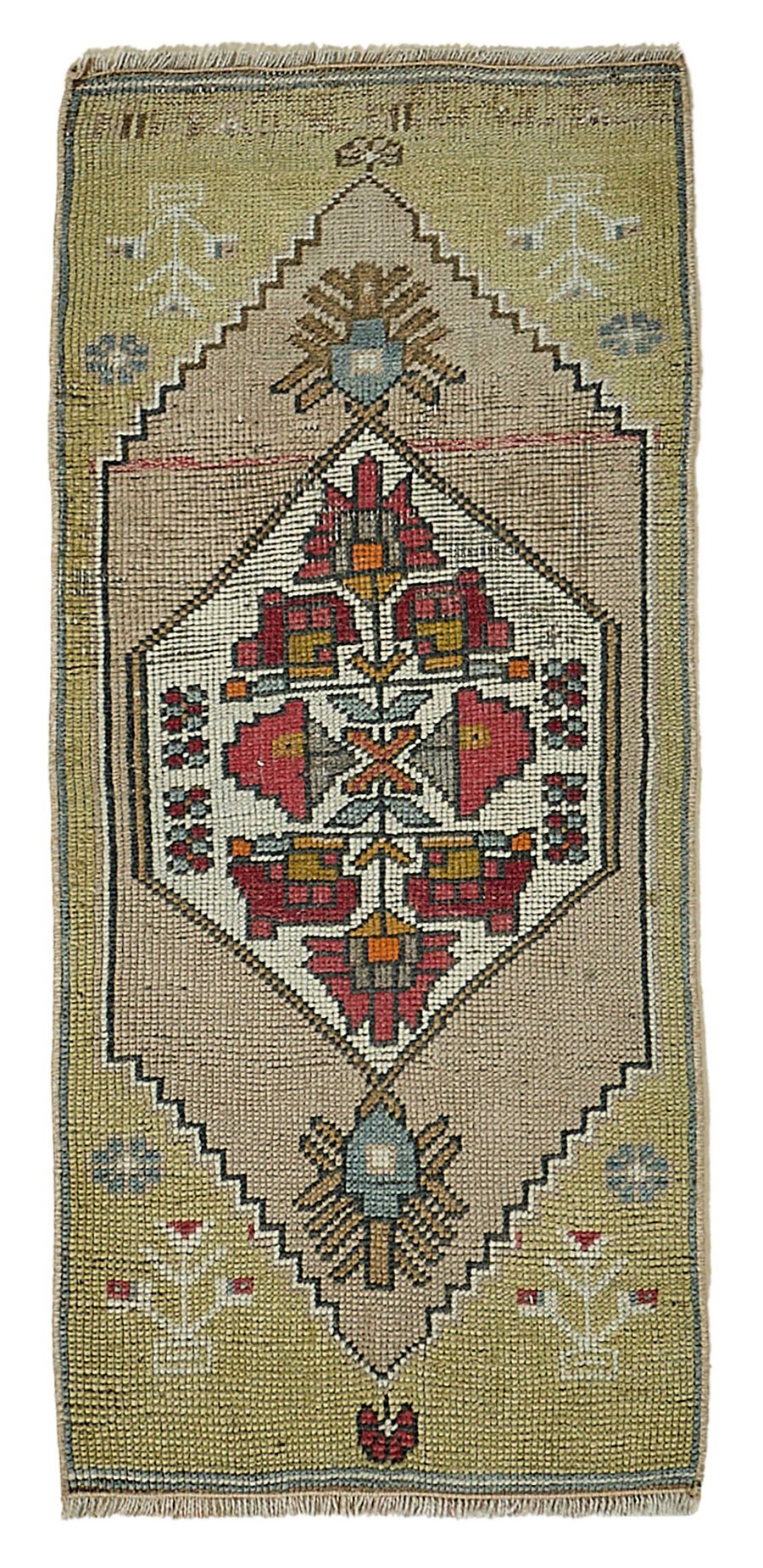 Vayla Yeşil Bej Geometrik Desenli Etnik El Dokuma Halı 46x100 cm