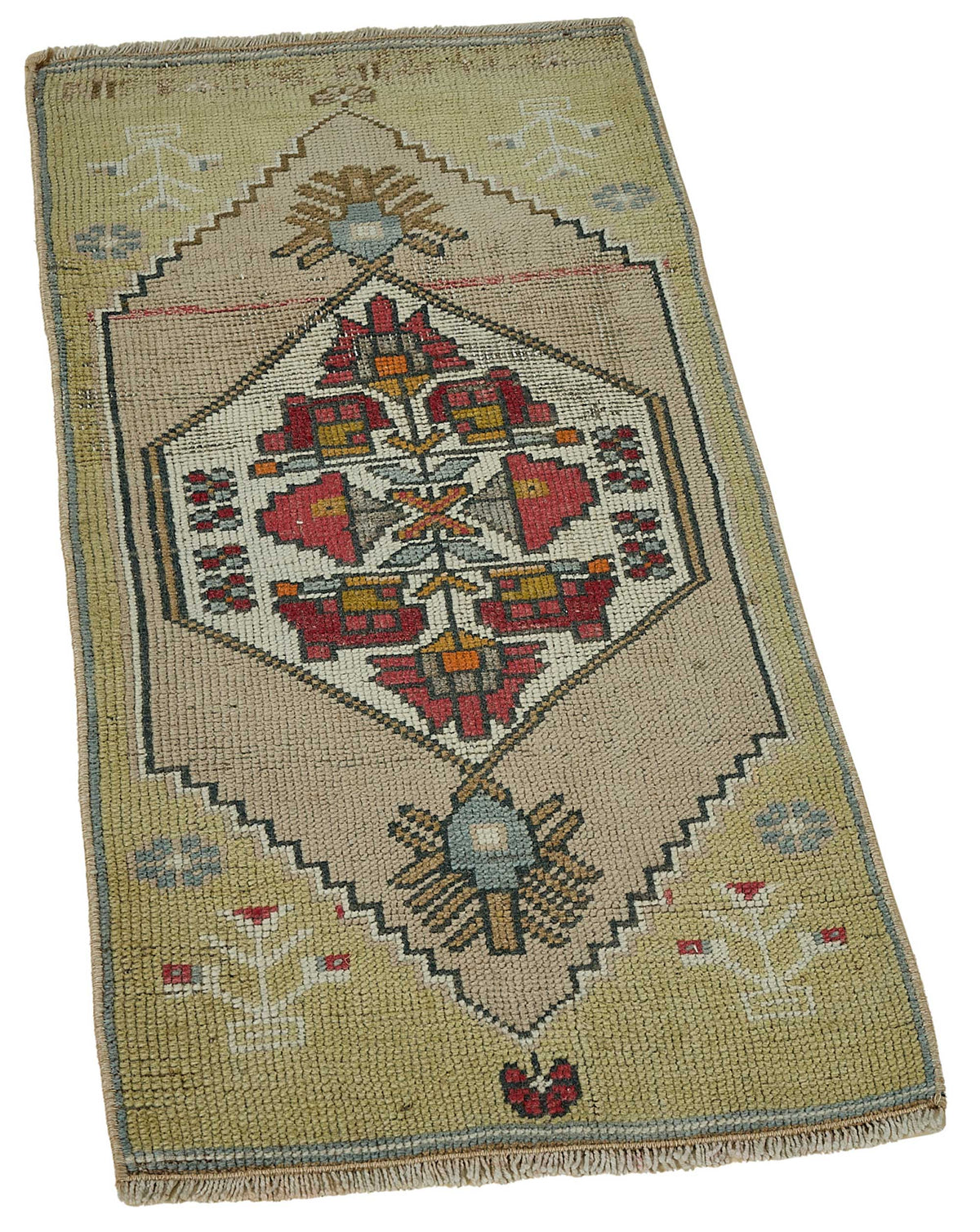 Vayla Yeşil Bej Geometrik Desenli Etnik El Dokuma Halı 46x100 cm – genel görünüm