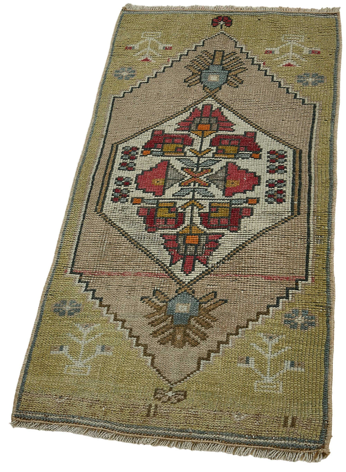 Vayla Yeşil Bej Geometrik Desenli Etnik El Dokuma Halı 46x100 cm – doku yakın çekim