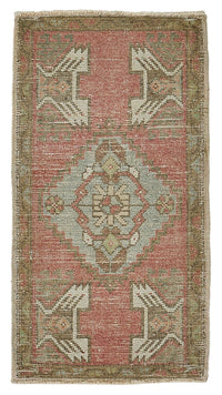 Vayla Kırmızı Geometrik Desenli Yün Overdyed Halı, 51x94 cm