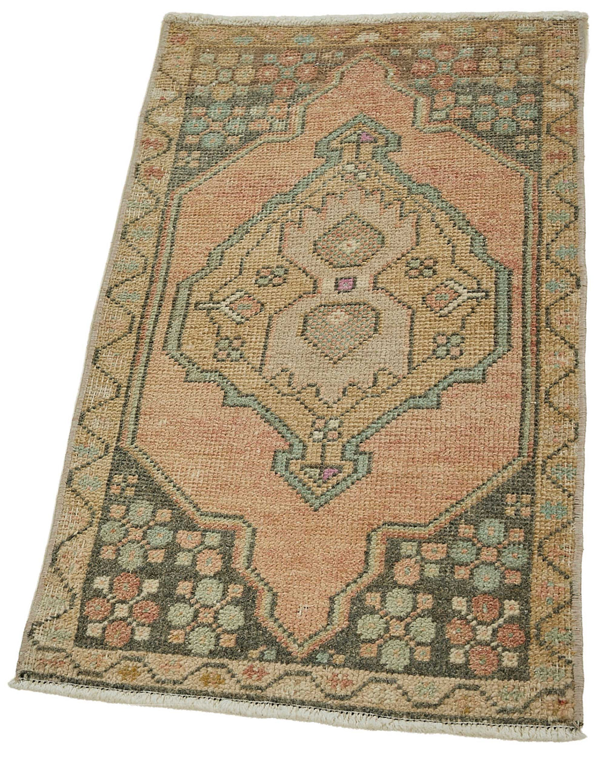 Vayla Pembe Bej Geometrik Etnik El Dokuma Halı 45x83 cm – doku yakın çekim