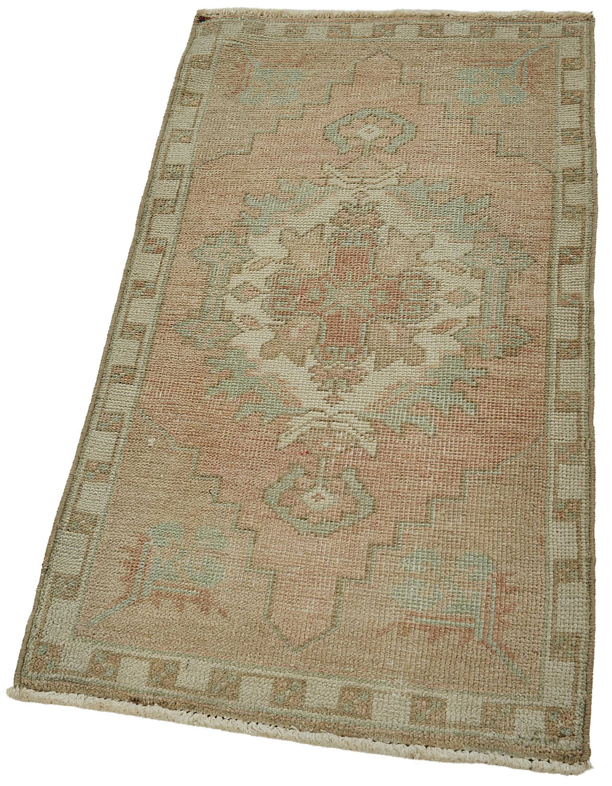 Vayla Bej Pembe Madalyon Desenli Etnik El Dokuma Halı 50x106 cm – doku yakın çekim