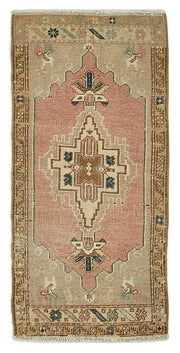 Vayla Pembe Bej Geometrik Desenli Etnik Yün Halı 49x103 cm