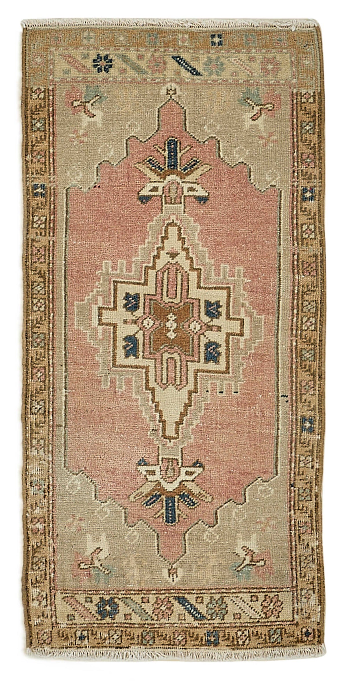 Vayla Pembe Bej Geometrik Desenli Etnik Yün Halı 49x103 cm