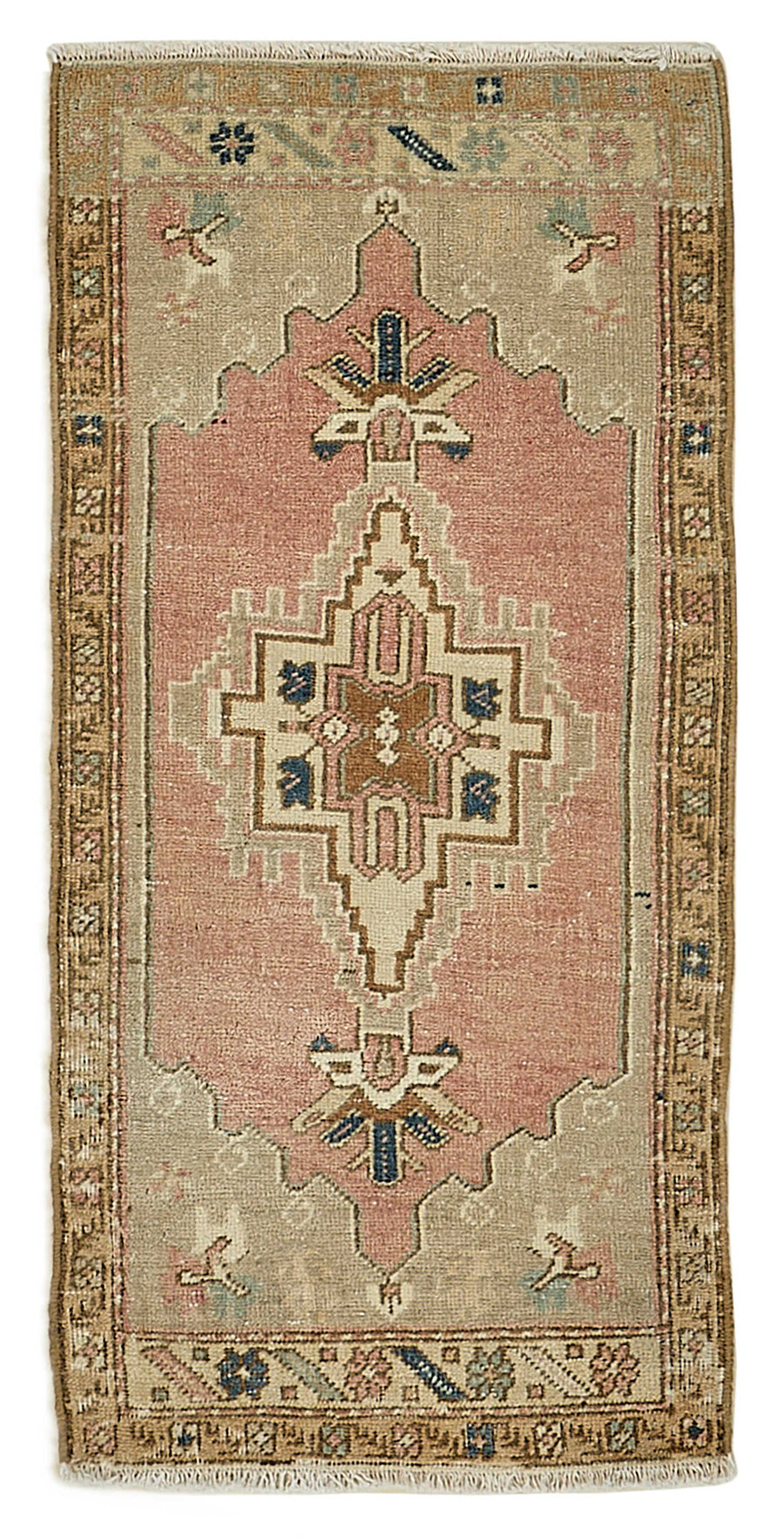Vayla Pembe Bej Geometrik Desenli Etnik Yün Halı 49x103 cm