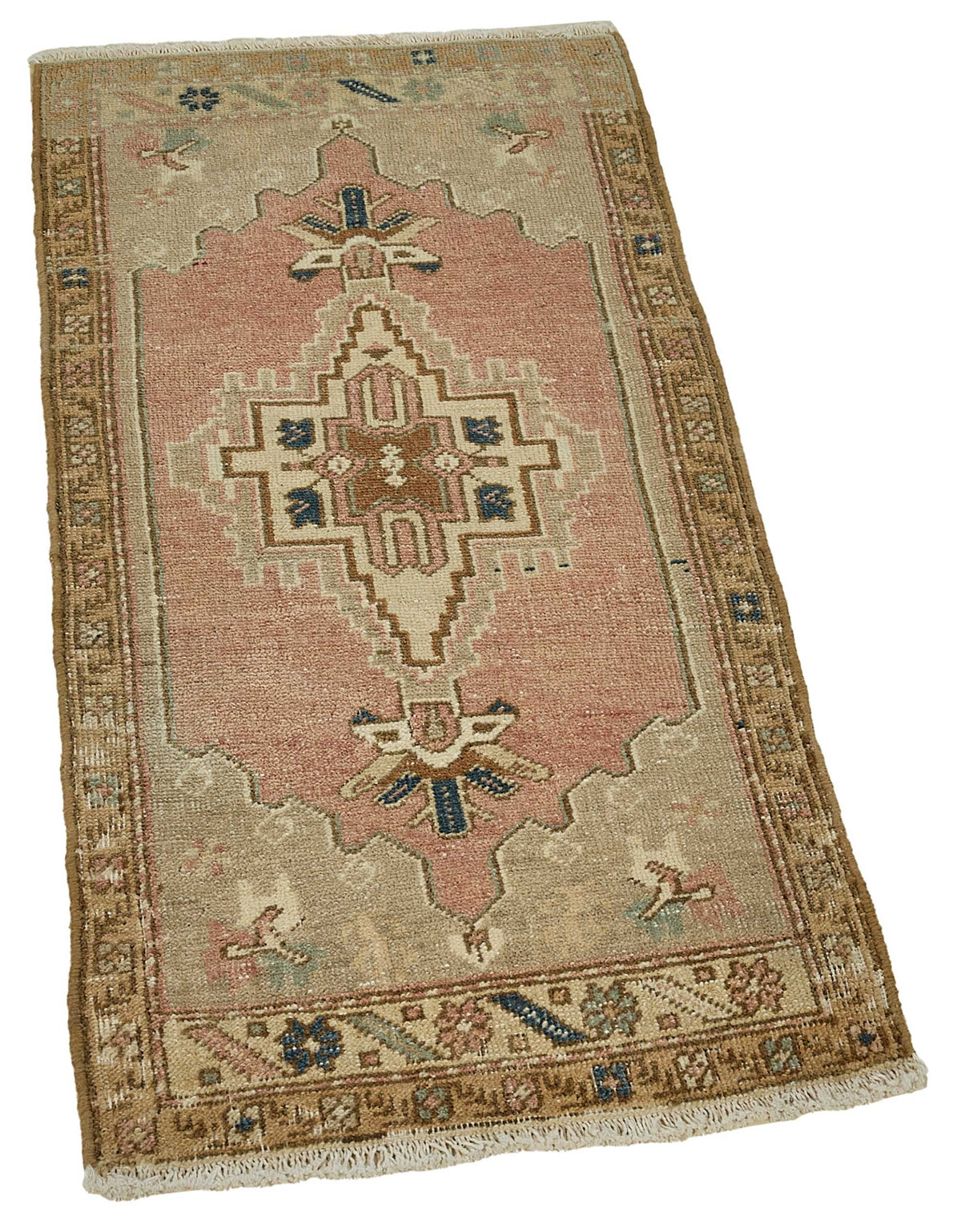 Vayla Pembe Bej Geometrik Desenli Etnik Yün Halı 49x103 cm – genel görünüm