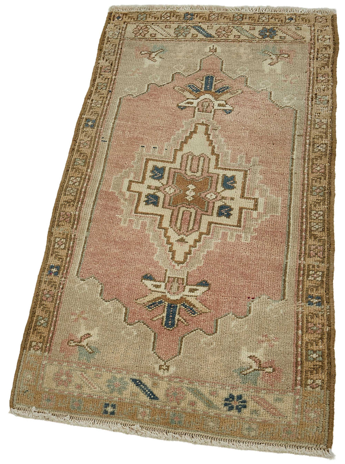 Vayla Pembe Bej Geometrik Desenli Etnik Yün Halı 49x103 cm – doku yakın çekim